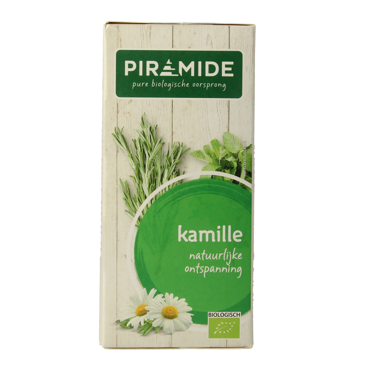 Organic Piramide Kamille tea in 20 tea bags, featuring a pyramid-shaped packaging with chamomile flowers and natural herbal ingredients.