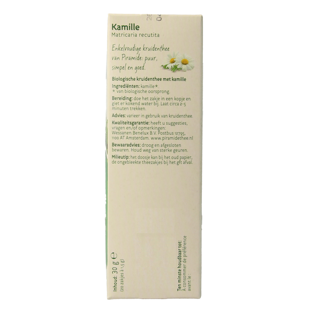 Organic Piramide Kamille tea in a box with 20 tea bags, natural chamomile flavor, in a colorful packaging.