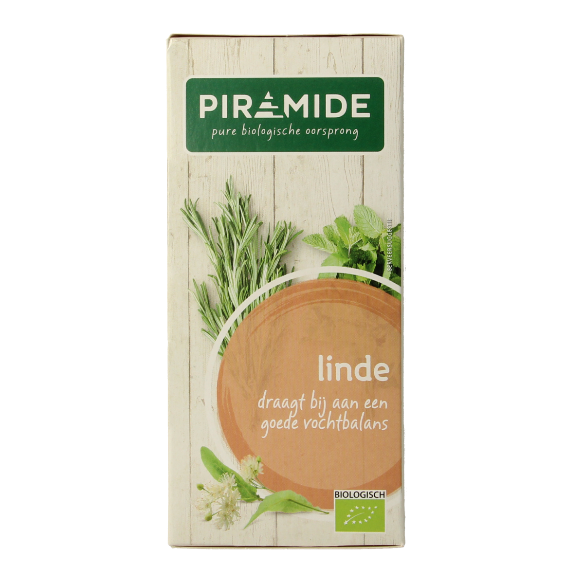 Piramide Lindebloesem organic herbal tea in pyramid tea bags, 20-count, with dried lindebloesem flowers for soothing infusion.