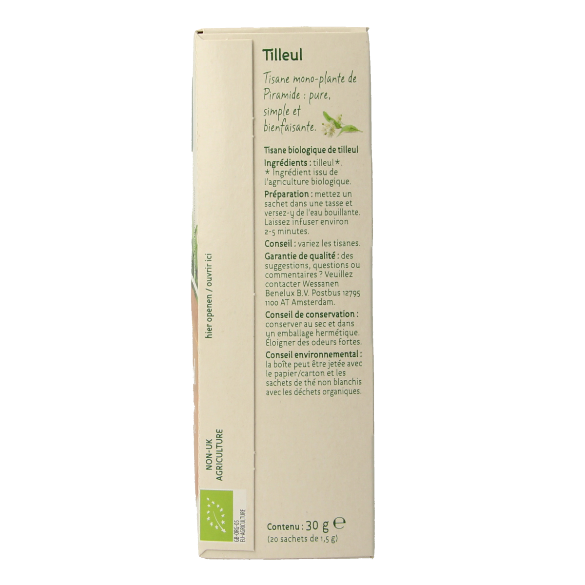 Piramide Lindebloesem organic tea in pyramid tea bags, 20 count, with dried lindebloesem flower infusions.