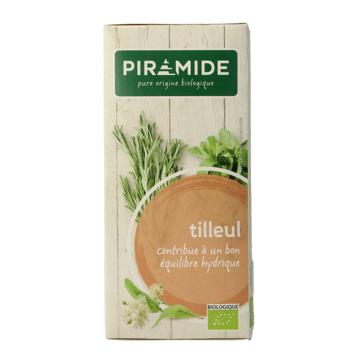 Piramide Lindebloesem organic herbal tea in a pyramid tea bag, fresh and fragrant, with a delicate lindebloesem (lime blossom) scent.
