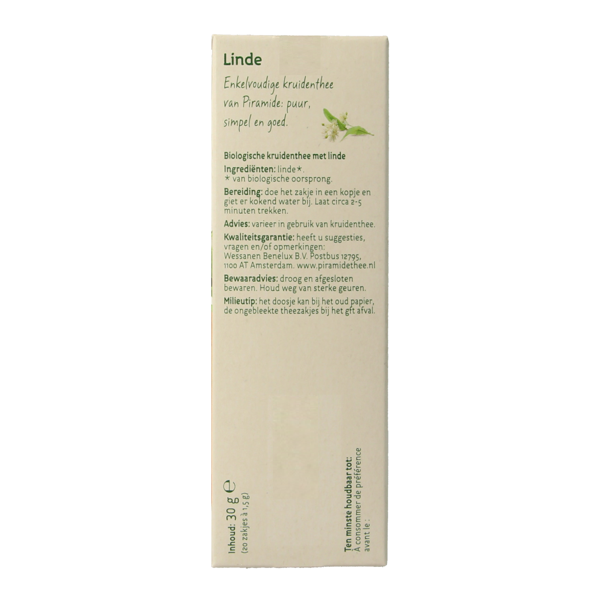 Piramide Lindebloesem organic herbal tea in a pyramid tea bag, fresh and fragrant with delicate floral notes, 20 tea bags.