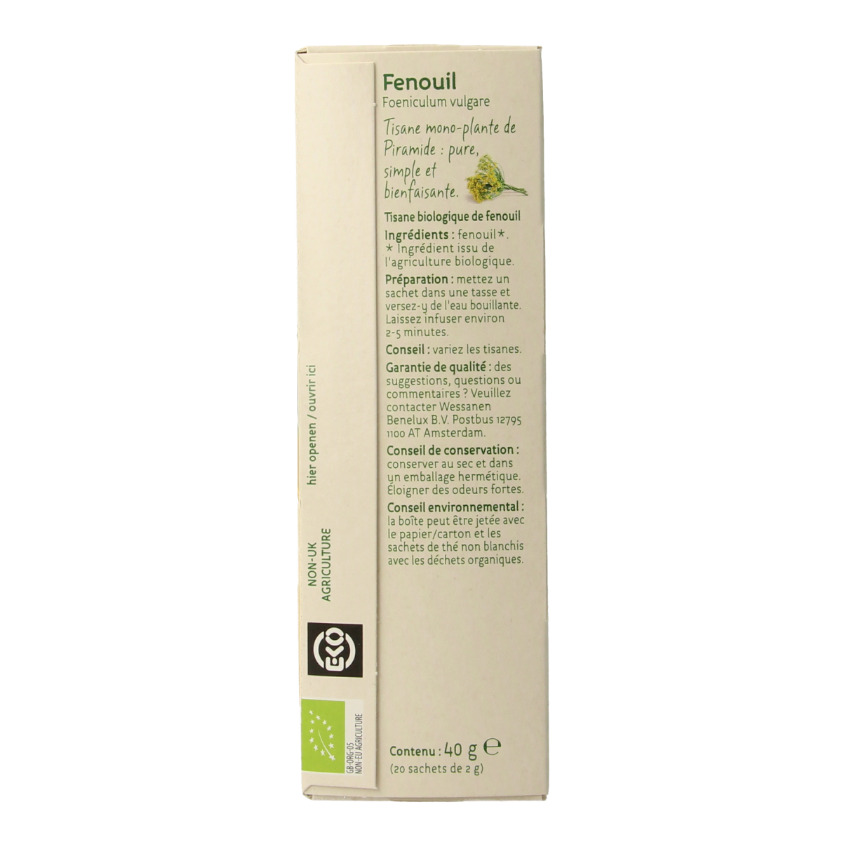 Organic fennel pyramid tea bags by Piramide, showcasing 20 eco-friendly tea sachets in a natural setting.