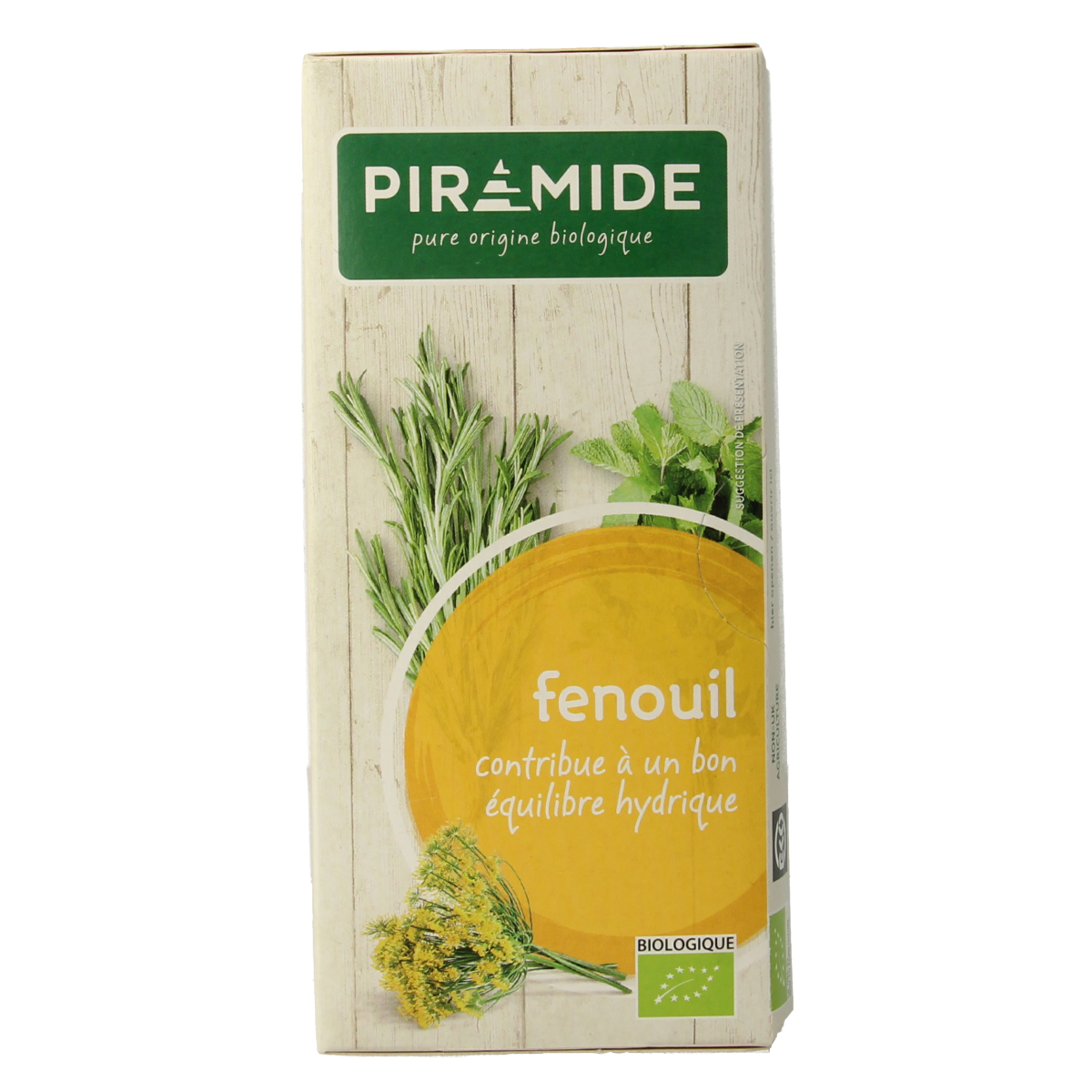Organic fennel pyramid tea bags by Piramide, featuring 20 biodegradable sachets in a natural, eco-friendly packaging.