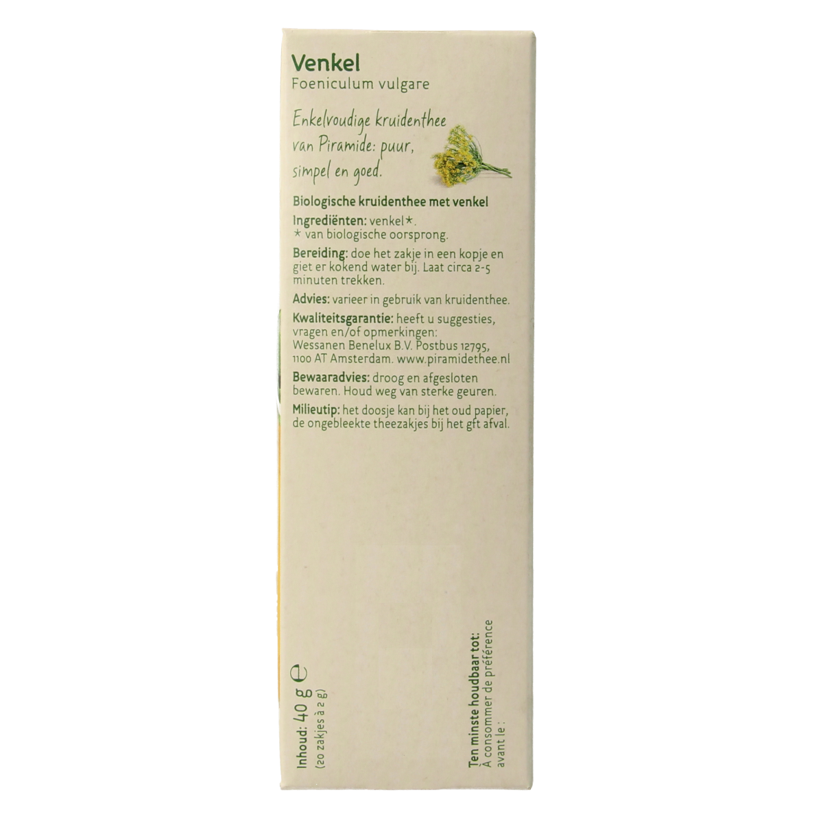 Organic fennel pyramid tea bags by Piramide, showing 20 biodegradable tea sachets in a natural, eco-friendly packaging.
