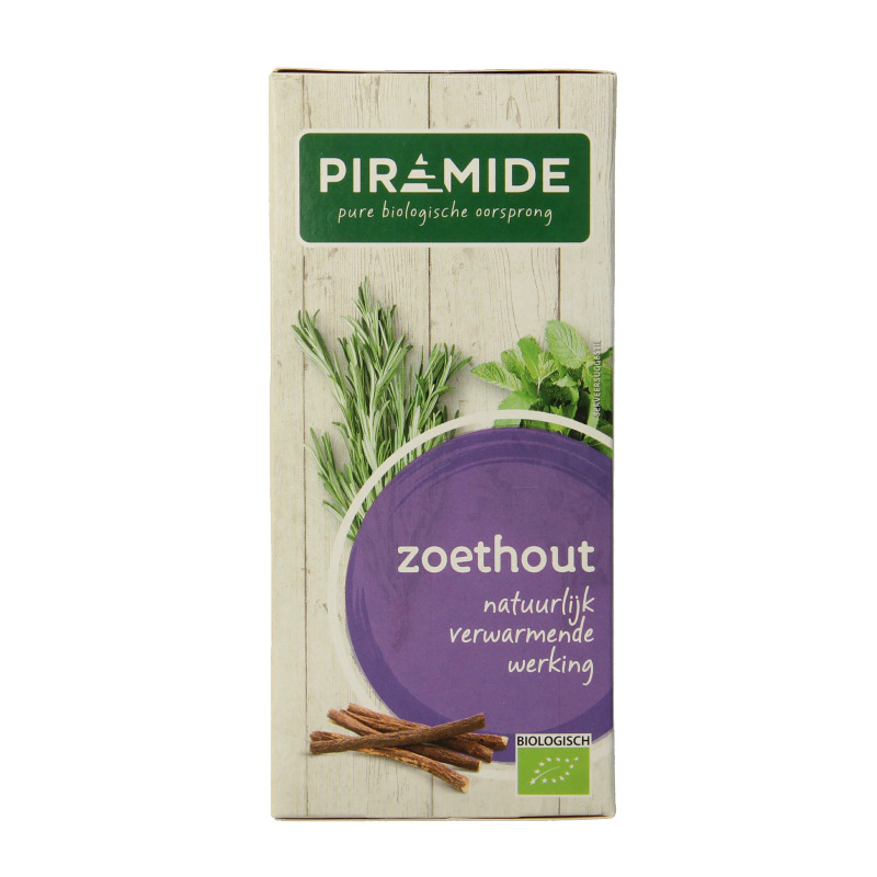 Piramide Zoethout thee bio in 20 eco-friendly tea bags, featuring pyramid-shaped packaging with dried licorice root inside.