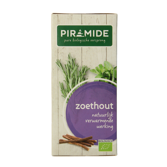 Piramide Zoethout thee bio in 20 eco-friendly tea bags, featuring pyramid-shaped packaging with dried licorice root inside.