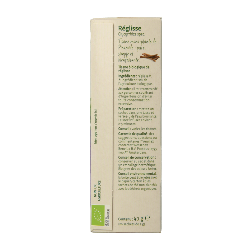 Piramide Zoethout thee eco bio in a box with 20 tea bags, natural herbal tea with licorice flavor, in a green and white packaging