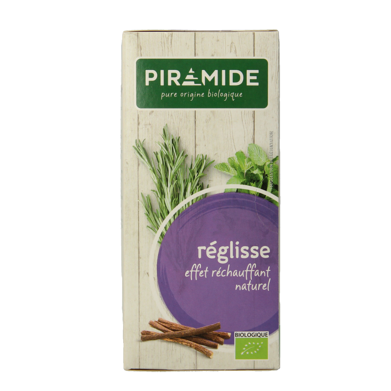 Piramide Zoethout thee eco bio, 20 tea bags, natural licorice-flavored herbal tea in a box with tea bags visible.