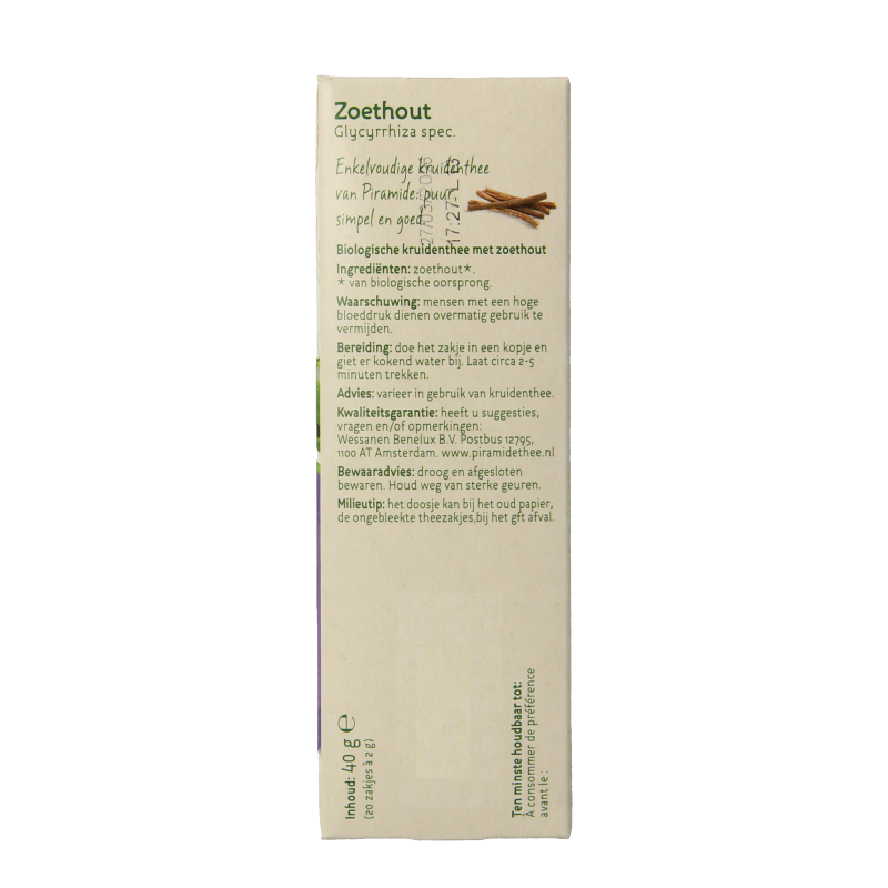 Piramide Zoethout thee eko bio in 20 tea bags, organic licorice root tea with pyramid-shaped tea infusers.