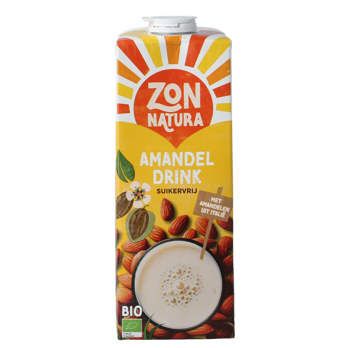 Unopened bottle of Zonnatura unsweetened organic almond drink in a 1-liter carton, with almond images on the label.