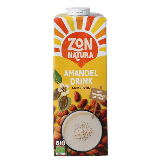 Unopened bottle of Zonnatura unsweetened organic almond drink in a 1-liter carton, with almond images on the label.