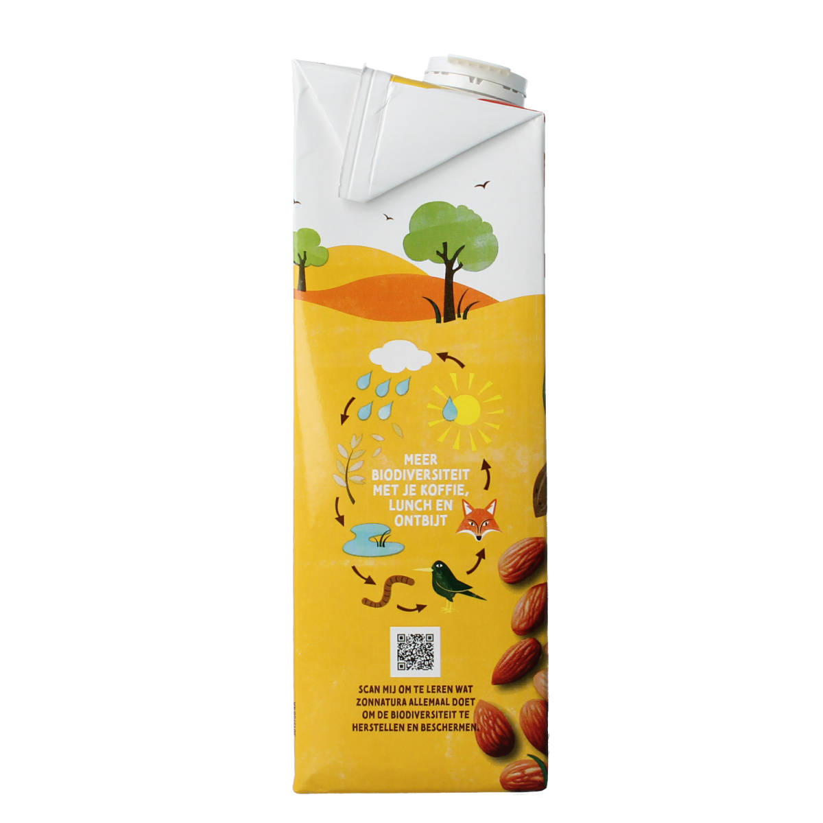 Unopened 1-liter bottle of Zonnatura unsweetened organic almond drink in a clear plastic container.