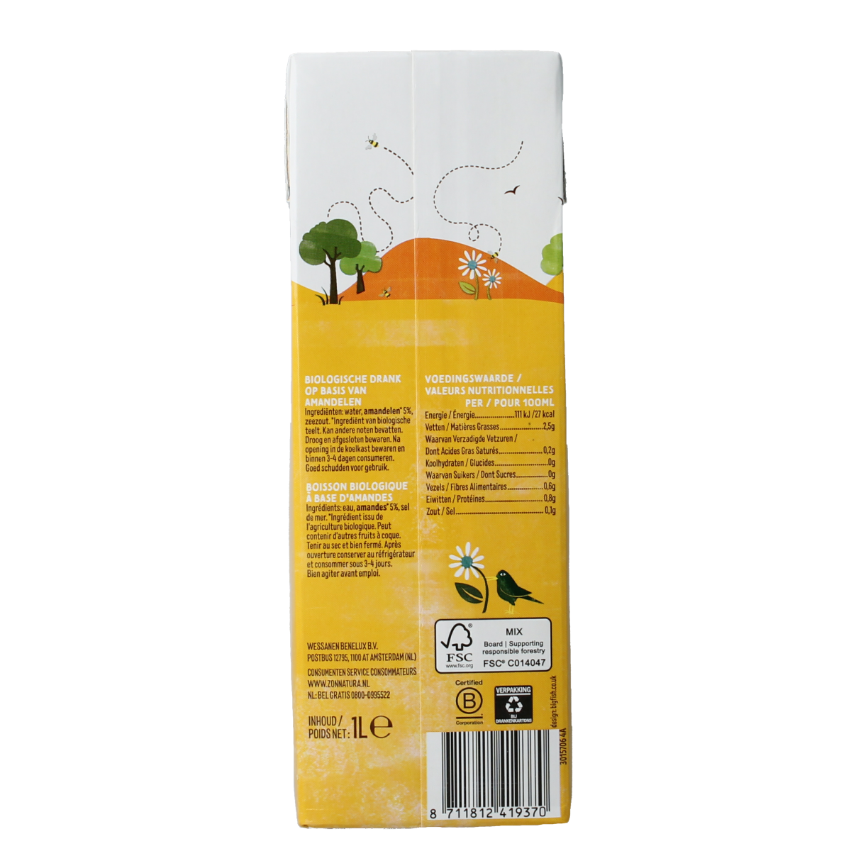 Unopened Zonnatura unsweetened organic almond drink in a 1-liter carton, suitable for drinks and smoothies.