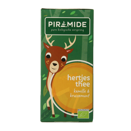 Piramide Hertjes bio organic tea pyramid bags in a 20-pack, showcasing the eco-friendly tea infuser pyramid packaging.