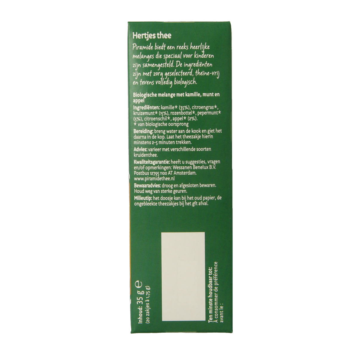 Piramide Hertjes organic herbal tea pyramid bags, 20-count, shown in a clear box with pyramid-shaped tea bags for brewing.