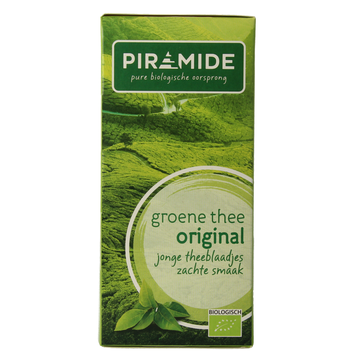 Organic Piramide Green Tea pyramid tea bags, eco-friendly packaging, 20-count, natural green tea for brewing.