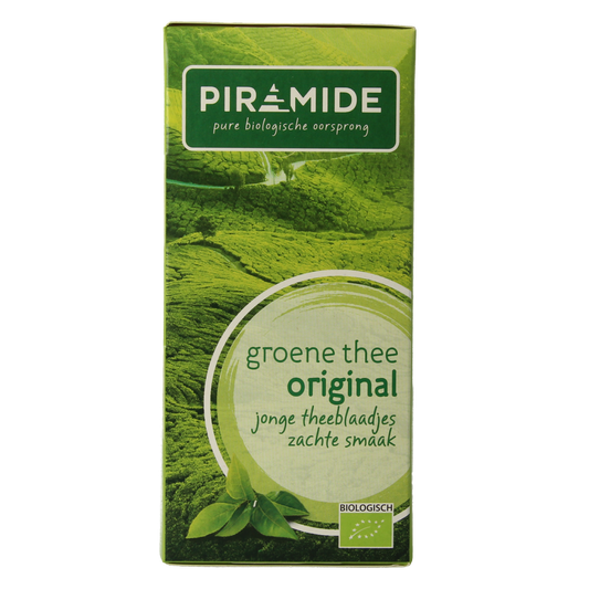 Organic Piramide Green Tea pyramid tea bags, eco-friendly packaging, 20-count, natural green tea for brewing.