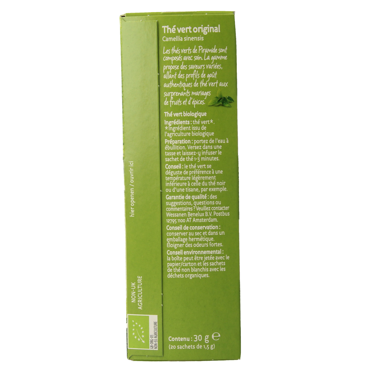 Piramide groene thee bio in 20 eco-friendly tea bags, natural pyramid-shaped packaging, organic and environmentally friendly.