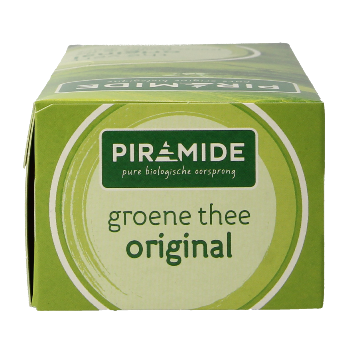 Piramide Groene Thee Eko Original bio in 20 tea bags, natural green tea leaves in a pyramid-shaped tea bag.