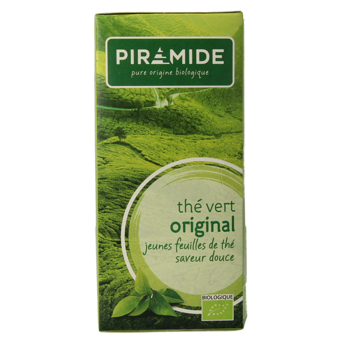 Organic Piramide Green Tea in eco-friendly pyramid tea bags, 20-count, natural and bio-certified green tea leaves from Piramide brand.
