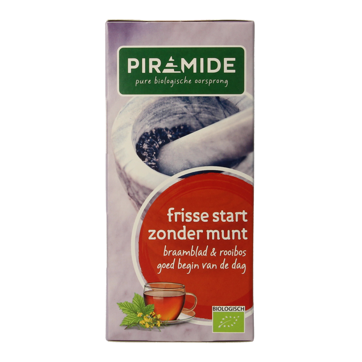 Piramide Frisse Start zonder Munt bio thee in 20 tea bags, fresh and natural herbal tea for a refreshing caffeine-free beverage.
