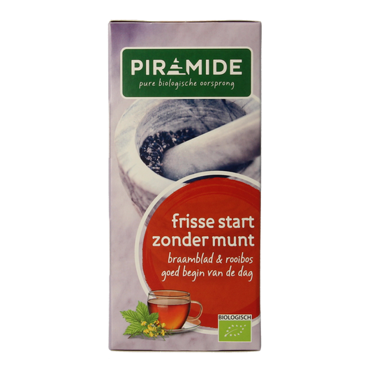 Piramide Frisse Start zonder Munt bio thee in 20 tea bags, fresh and natural herbal tea for a refreshing caffeine-free beverage.