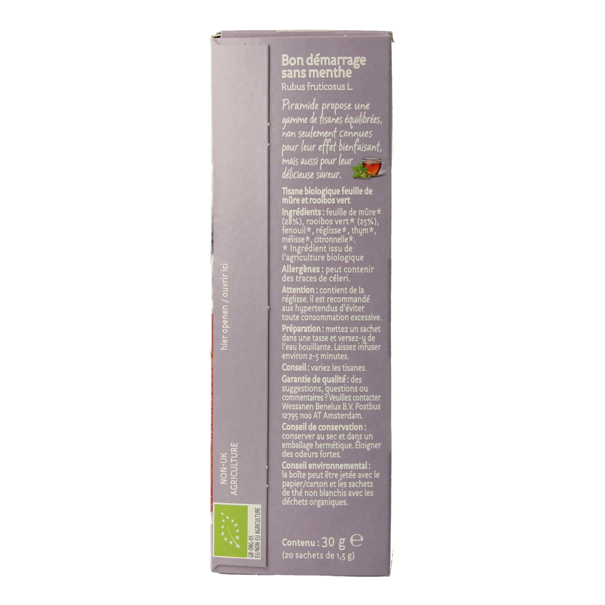 Piramide Frisse Start zonder Munt bio thee in a box with 20 tea bags, fresh herbal tea for a revitalizing beverage.