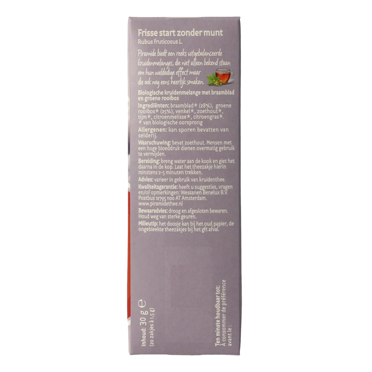 Piramide Frisse Start zonder Munt biologische thee in 20 zakjes, fresh and aromatic herbal tea for a revitalizing brew.