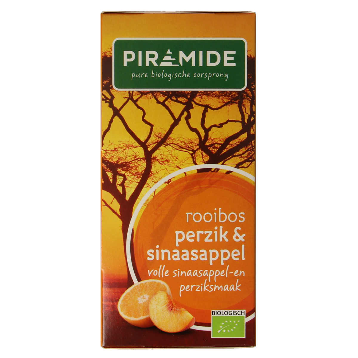 Piramide Rooibos perzik sinaasappel biologische thee in 20 zakjes, with tea bags and fresh fruit flavors.