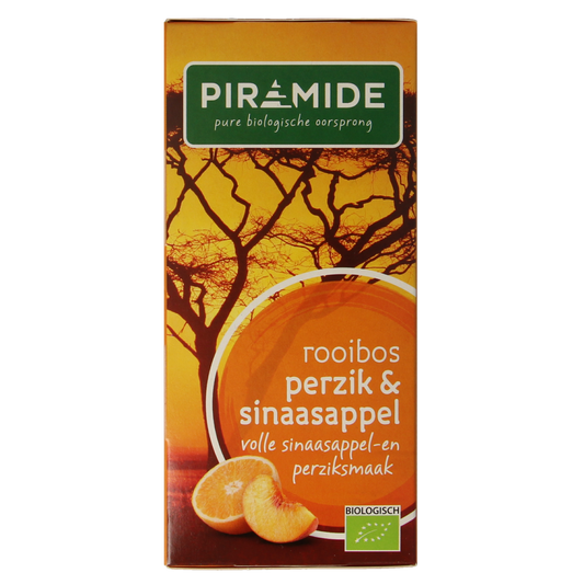 Piramide Rooibos perzik sinaasappel biologische thee in 20 zakjes, with tea bags and fresh fruit flavors.