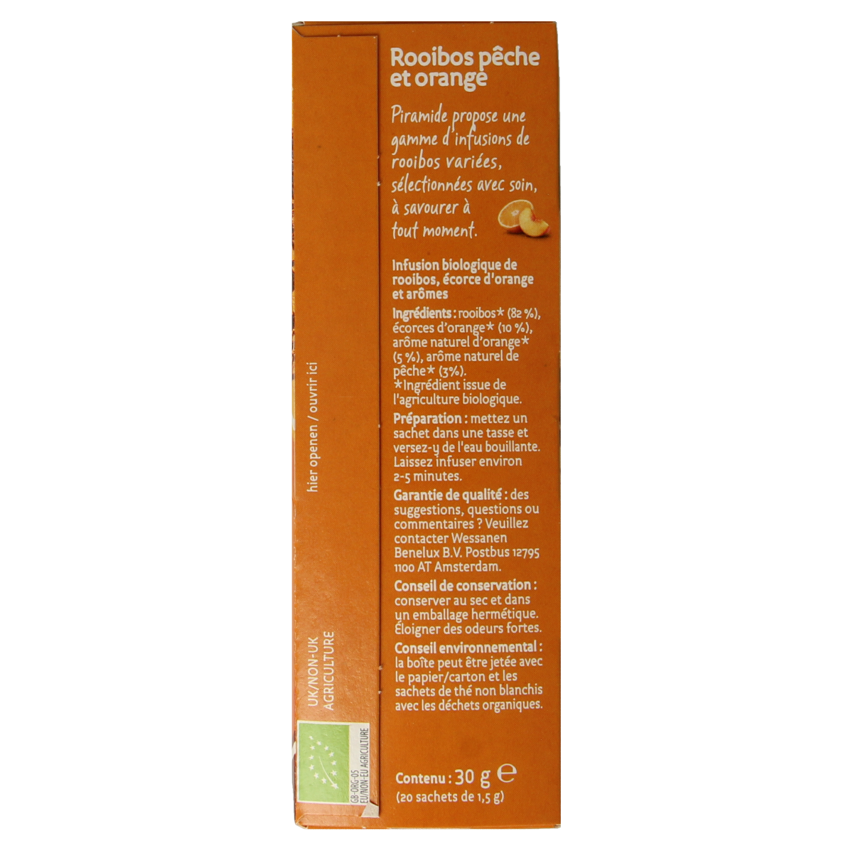 Piramide Rooibos perzik sinaasappel biologische thee in een zakje, met perzik en sinaasappel aroma, voor een frisse thee-ervaring