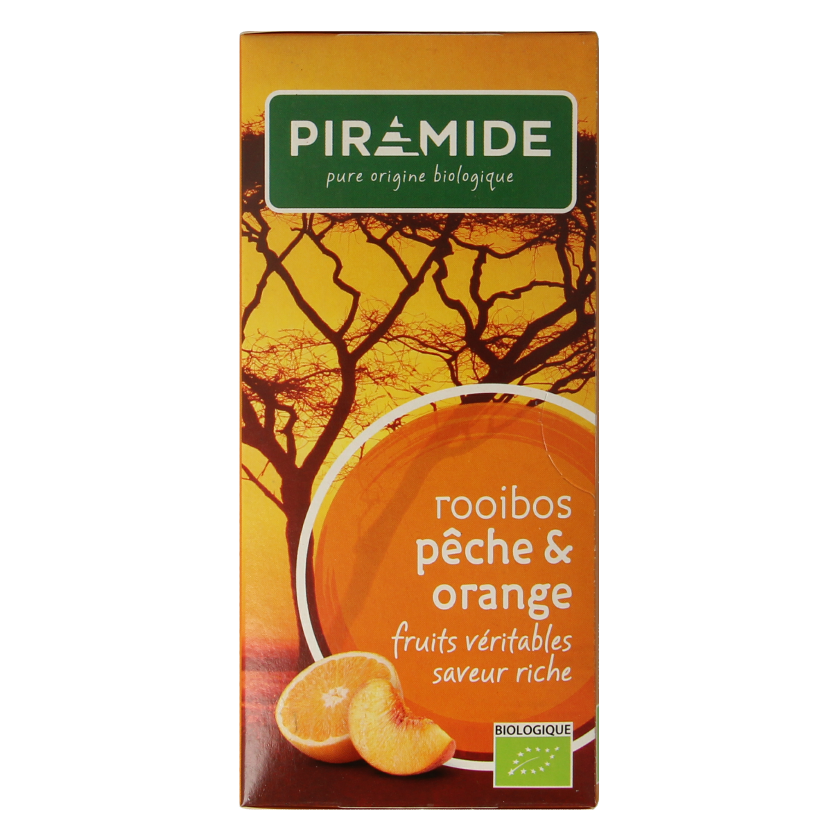 Piramide Rooibos perzik sinaasappel biologische thee in 20 tea bags, featuring peach and orange flavors in a colorful box.