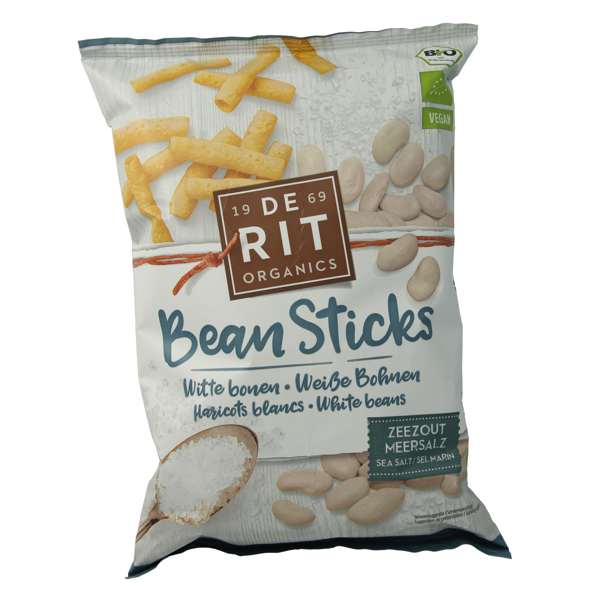 De Rit Bean sticks zeezout bio, 75g, natural chips en zoutjes with crunchy bean sticks sprinkled with sea salt.