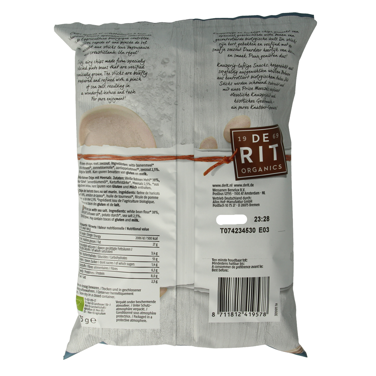 De Rit Bean Sticks Zeezout bio chips and zoutjes in 75g packet, crispy snack with sea salt flavor, natural and organic.