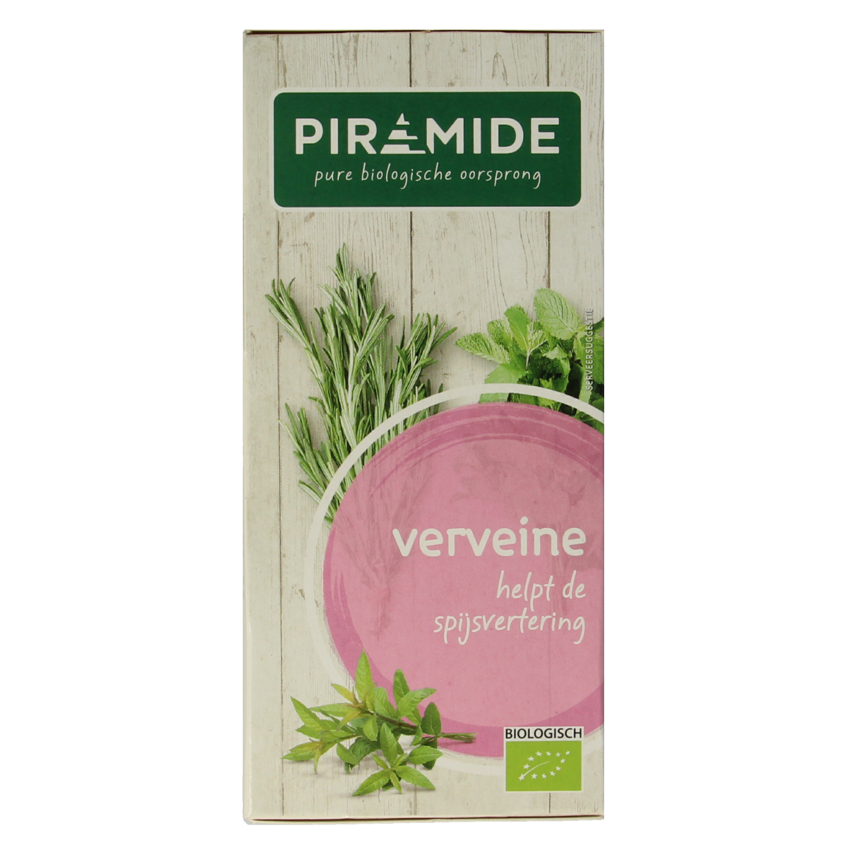 Piramide Verveine organic herbal tea pyramid bags, 20 count, in a clear box with tea pyramids visible.