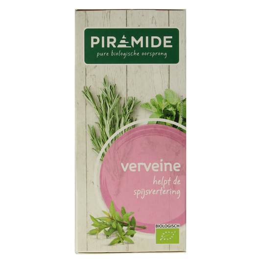 Piramide Verveine organic herbal tea pyramid bags, 20 count, in a clear box with tea pyramids visible.