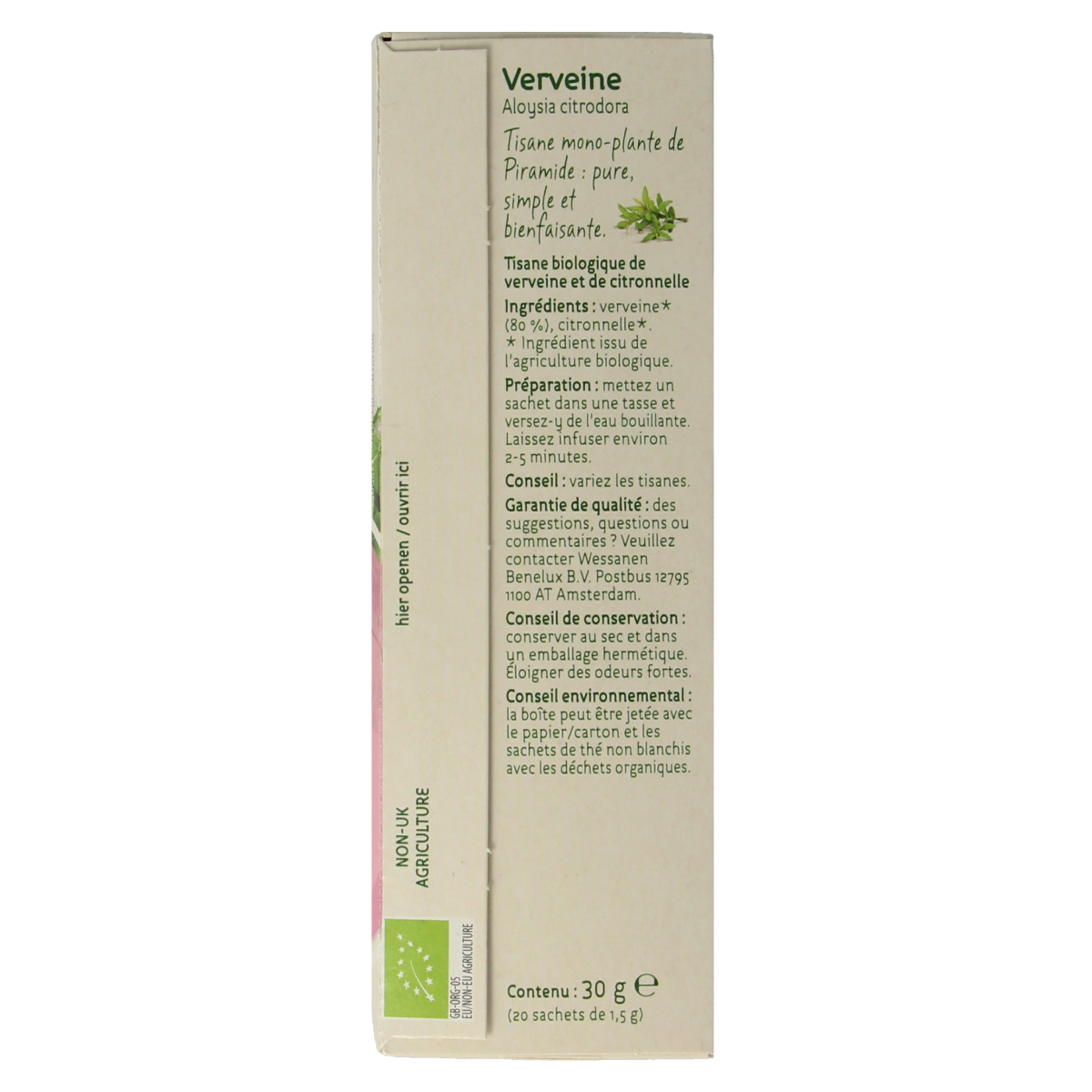 Piramide Verveine organic herbal tea pyramid bags, eco-friendly, 20-count, natural lemon verbena tea in pyramid-shaped sachets.