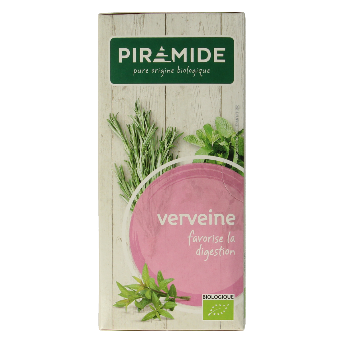 Organic Piramide Verveine herbal tea pyramid in a box, featuring 20 biodegradable tea bags with fresh, aromatic verveine leaves.