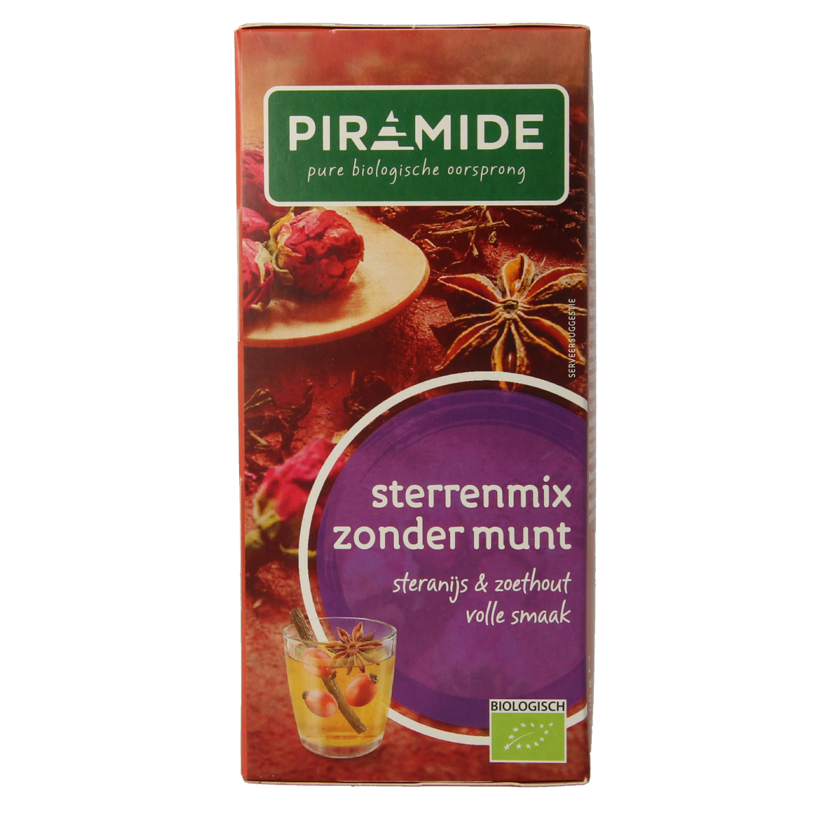Piramide Sterrenmix zonder munt biologische thee in 20 tea bags, featuring star-shaped herbal blend in a transparent packet.