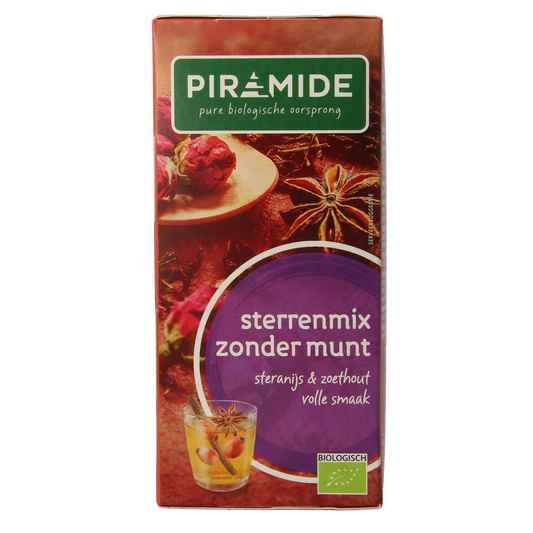 Piramide Sterrenmix zonder munt biologische thee in 20 tea bags, featuring star-shaped herbal blend in a transparent packet.
