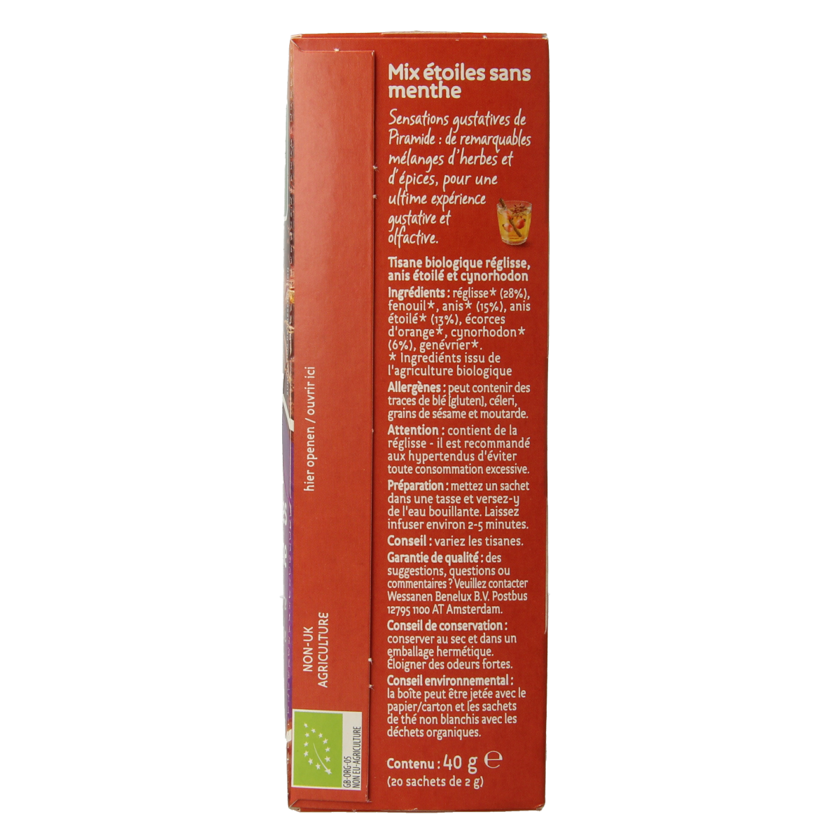 Piramide Sterrenmix zonder munt biologische thee in 20 tea bags, featuring a pyramid-shaped tea bag and colorful star design.