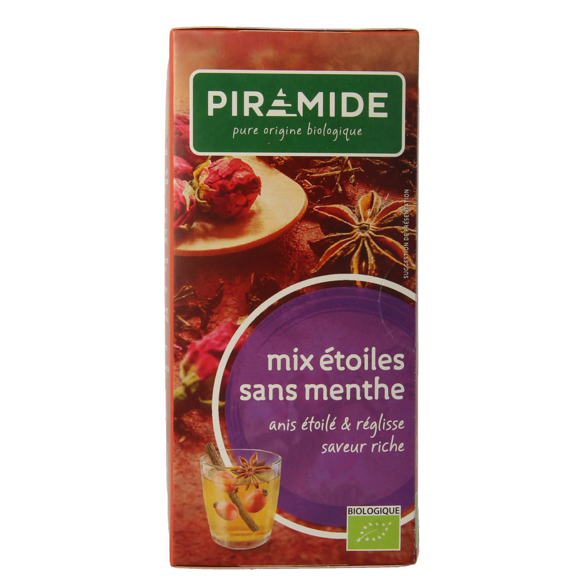 Piramide Sterrenmix zonder munt biologische thee in 20 zakjes, with pyramid-shaped tea bags and colorful star design.