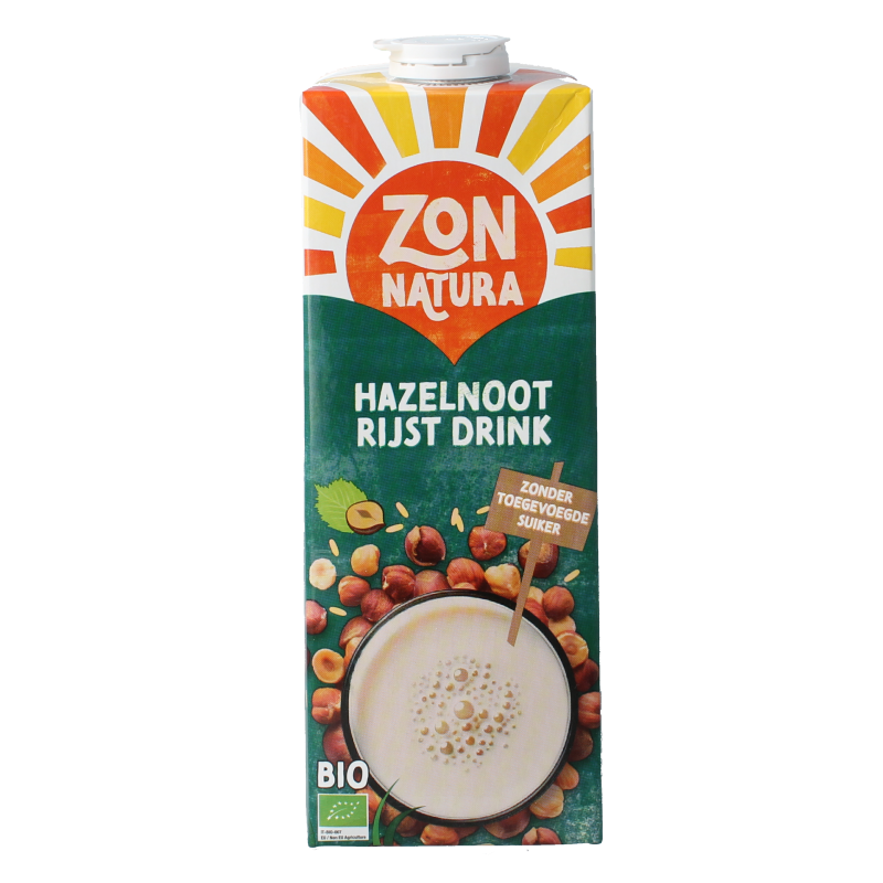 Zonnatura Rijst Hazelnoot drink bio 1L, plant-based beverage in a transparent bottle with hazelnut and rice illustrations.