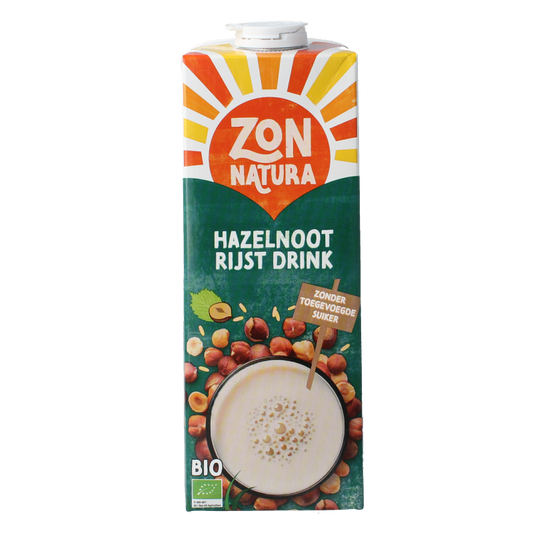 Zonnatura Rijst Hazelnoot drink bio 1L, plant-based beverage in a transparent bottle with hazelnut and rice illustrations.