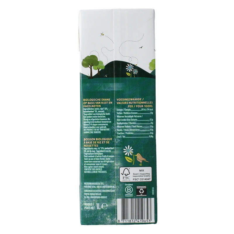 Zonnatura Rijst Hazelnut Drink bio in 1-liter carton, plant-based dairy alternative with hazelnuts and rice.