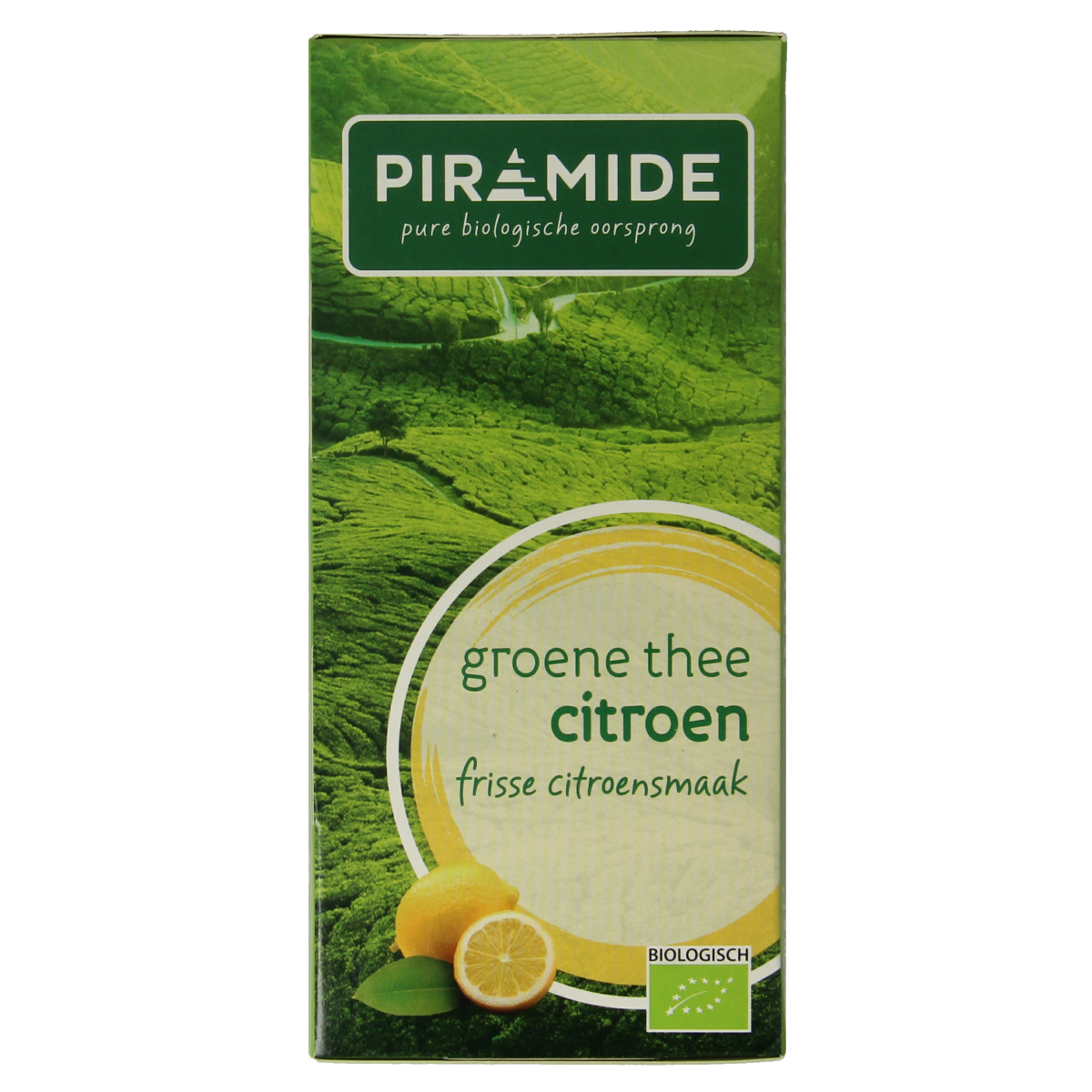 Piramide organic green tea pyramid with lemon flavor, 20 tea bags in a box, natural and refreshing herbal tea.