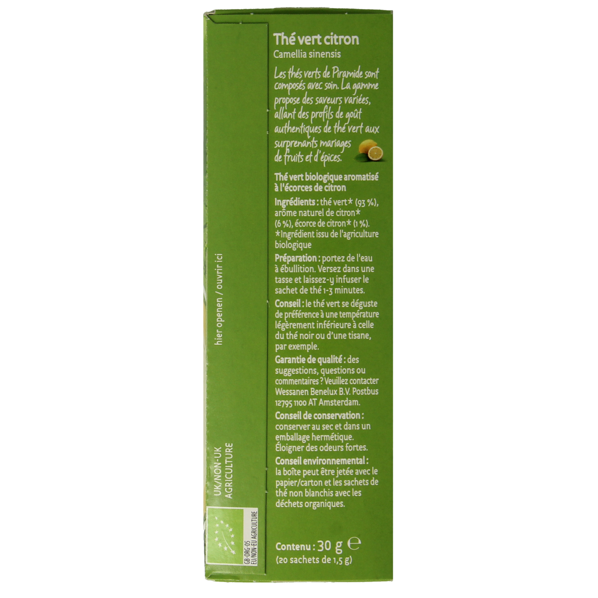 Piramide groene thee met citroen bio in 20 zakjes, fresh green tea with lemon flavor, in a clean, attractive packaging.
