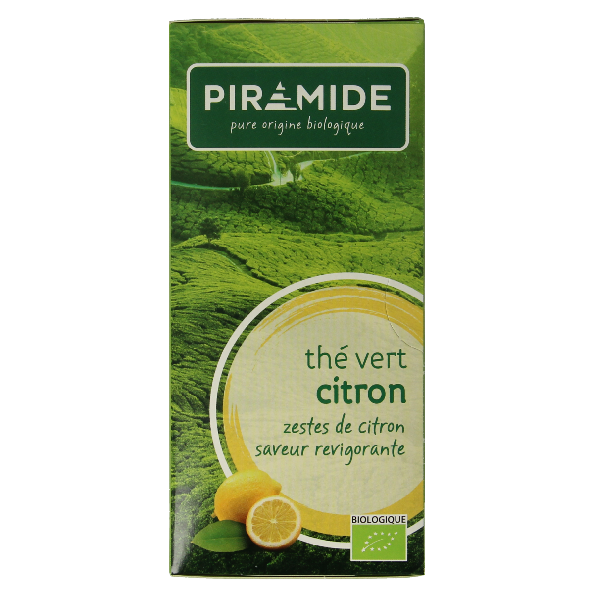Piramide groene thee met citroen bio in 20 theezakjes, fresh green tea with lemon flavor, in a pyramid-shaped tea bag.