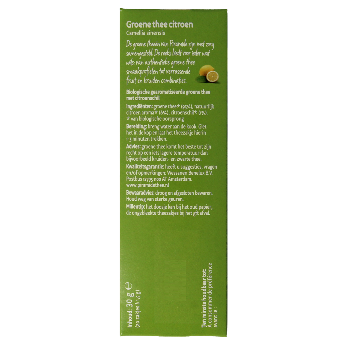 Organic Piramide green tea with lemon in a box of 20 tea bags, featuring pyramid-shaped tea infusers and fresh lemon flavor.